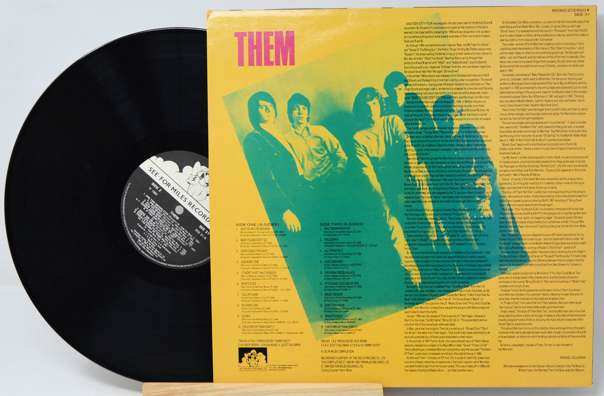 Vinyl record with yellow cover featuring a band illustration and text.