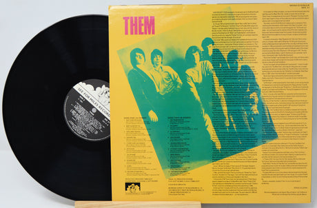 Vinyl record with yellow cover featuring a band illustration and text.