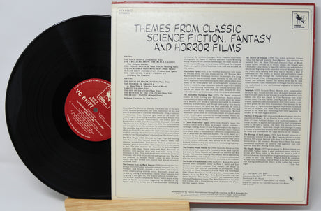 Back cover of vinyl record Themes from Classic Science Fiction, Fantasy and Horror Films with tracklist and information