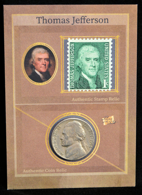 Thomas Jefferson dual relic card featuring his portrait, vintage stamp, and historic coin
