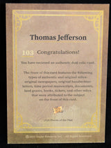 Back of Thomas Jefferson dual relic card detailing authenticity and relic types