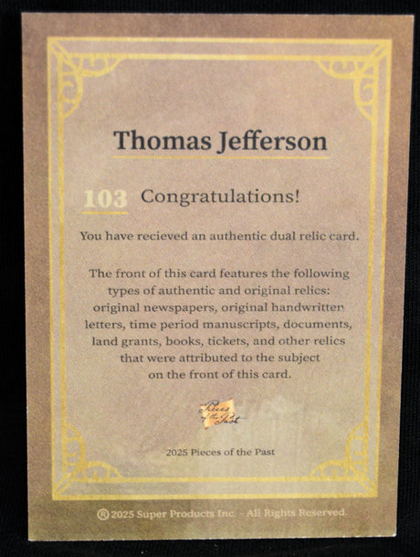 Back of Thomas Jefferson dual relic card detailing authenticity and relic types