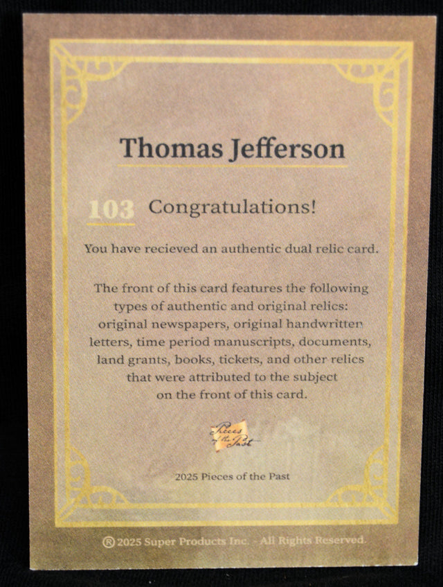 Back of Thomas Jefferson dual relic card detailing authenticity and relic types