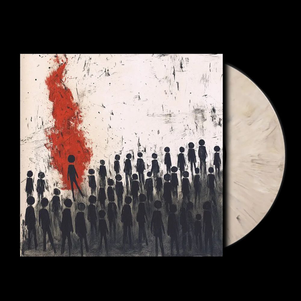 Vinyl record with a cover featuring black silhouettes of people and a red splash on a textured background.