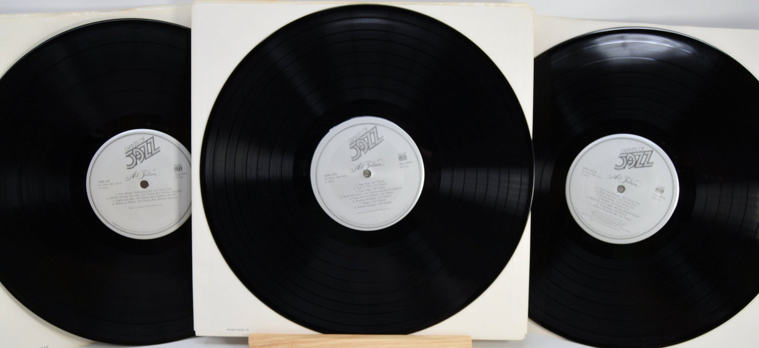 Set of three Giants of Jazz: Art Tatum vinyl records displayed in sleeves