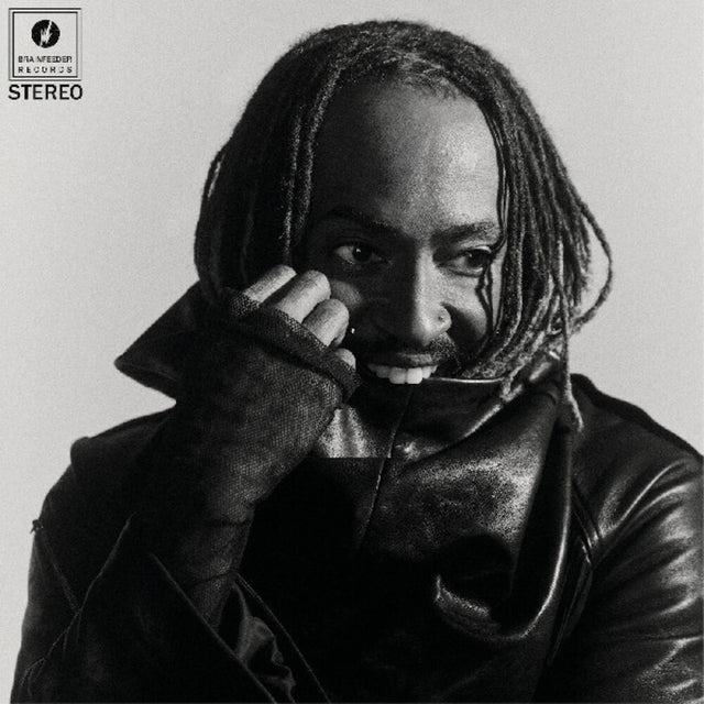 Black and white album cover with a phote of Thundercat wearing a leather jacket and holding a phone to their ear, featuring Brainfeeder Music Records logo.