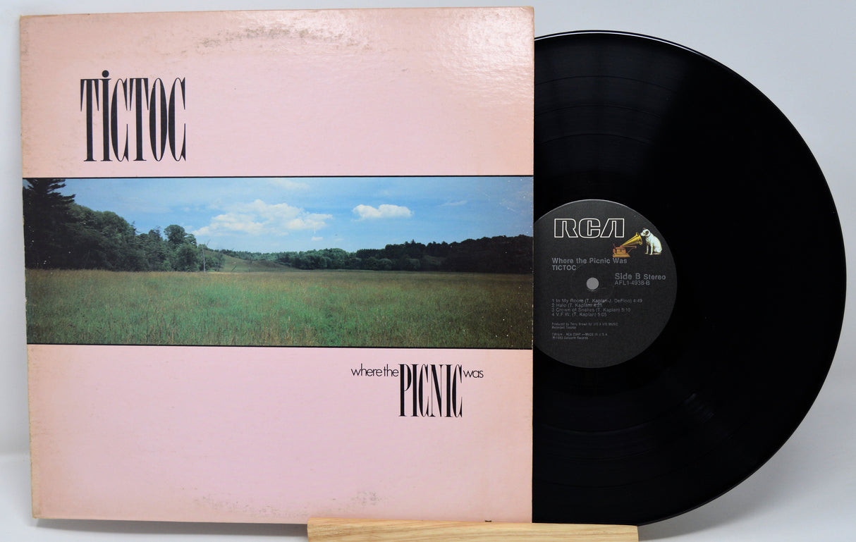 Vinyl record and cover with 'Tictoc' and 'Picnic' text on a light gray background