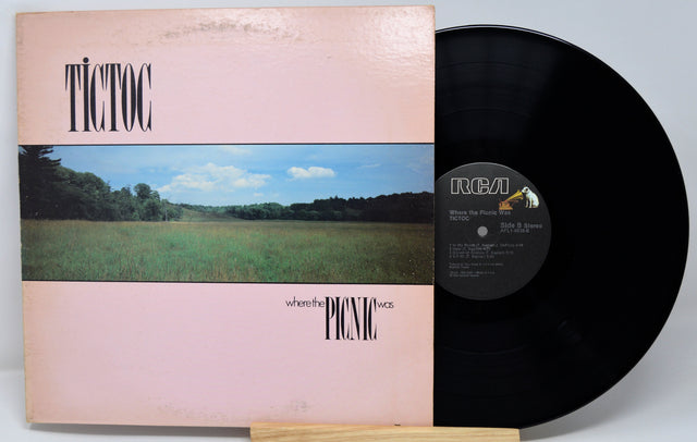 Vinyl record and cover with 'Tictoc' and 'Picnic' text on a light gray background