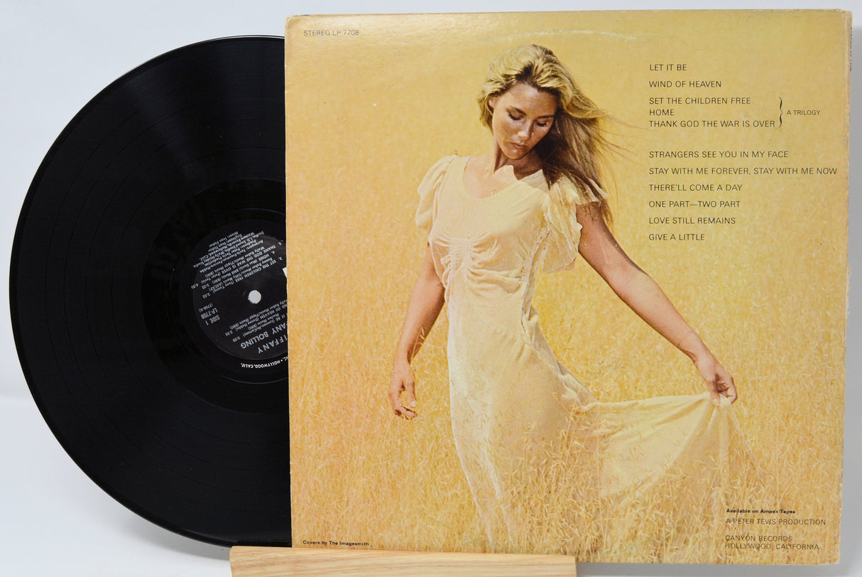 Back cover of Tiffany Bolling – Tiffany LP featuring track listing and artist in a wheat field