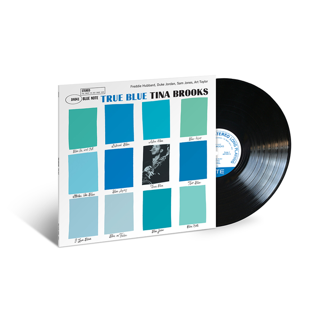 Vinyl record and cover titled 'True Blue' by Tina Brooks with blue and black design.