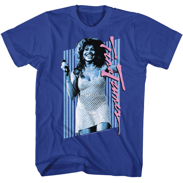 Blue t-shirt with a graphic of a woman and text on a white background