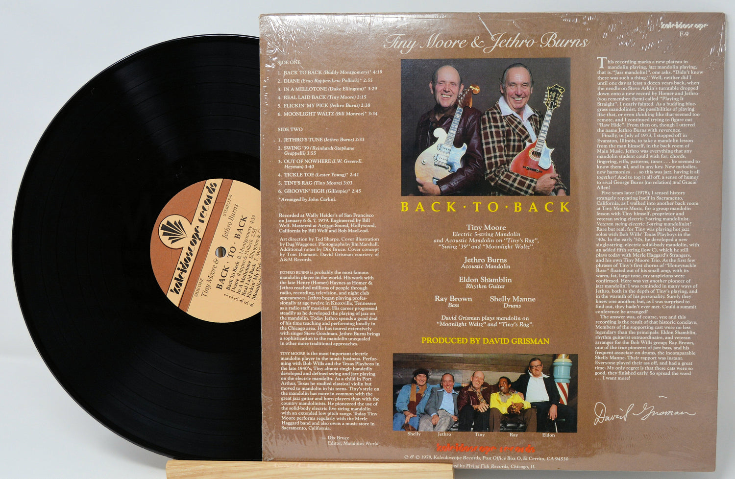 Back cover of Tiny Moore & Jethro Burns' Back to Back vinyl LP with tracklist and artist portraits