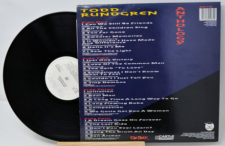 Vinyl record with a blue cover displaying track listings and album details.