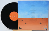 A vinyl record partially pulled from its sleeve, showing the back of the album cover. The record is black with an orange center label, and the sleeve features a minimalist landscape with a blue sky and orange ground.