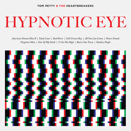 Album cover for 'Hypnotic Eye' by Tom Petty & The Heartbreakers with geometric pattern and tracklist.