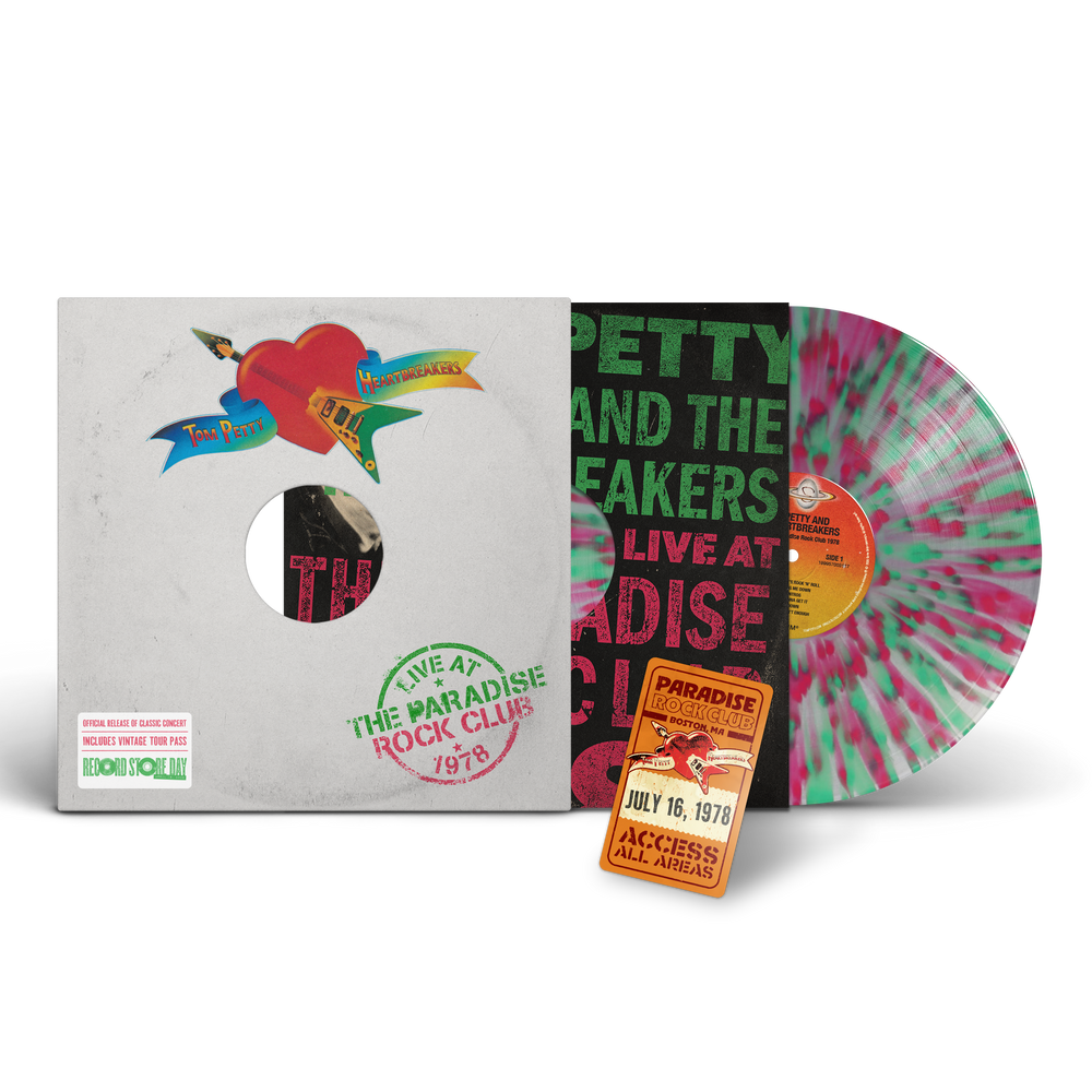 Vinyl record with colorful sleeve and ticket stub on a white background