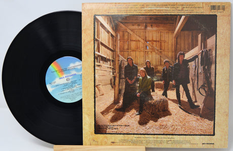 A vinyl record partially pulled from its sleeve, showing the black record on the left and the illustrated album cover on the right. The cover depicts a group of people standing in a barn with hay on the floor.