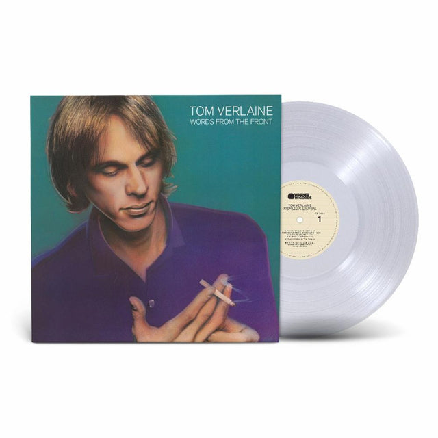 Tom Verlaine 'Words From The Front' vinyl record with its illustrated album cover sleeve and a translucent clear record partially visible behind it on a white background.