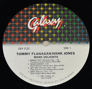 Galaxy Records label for Tommy Flanagan and Hank Jones – More Delights LP, Side 1 with tracklist