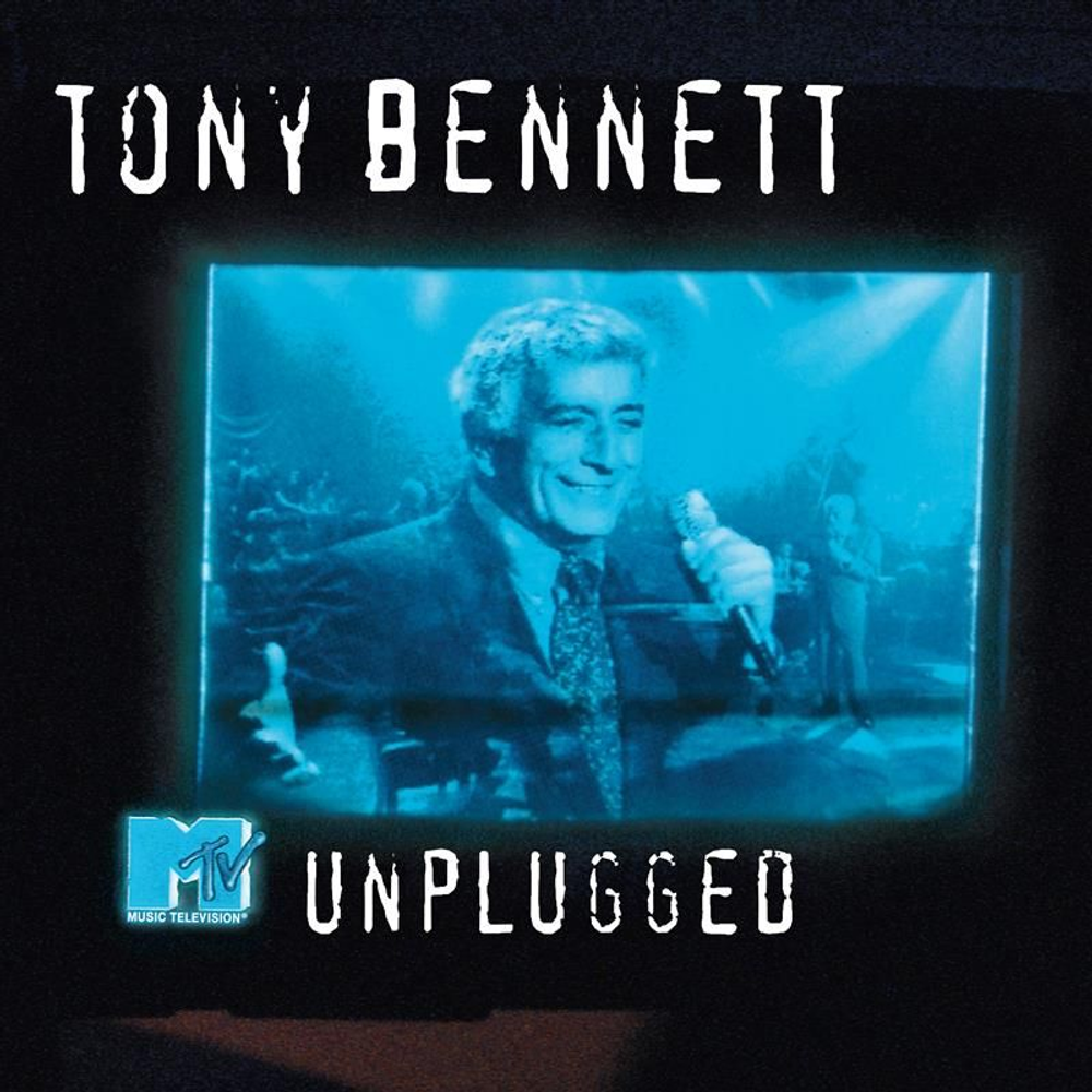 Album cover for Tony Bennett's 'MTV Unplugged' with a blue-tinted image of Tony Bennett on stage.