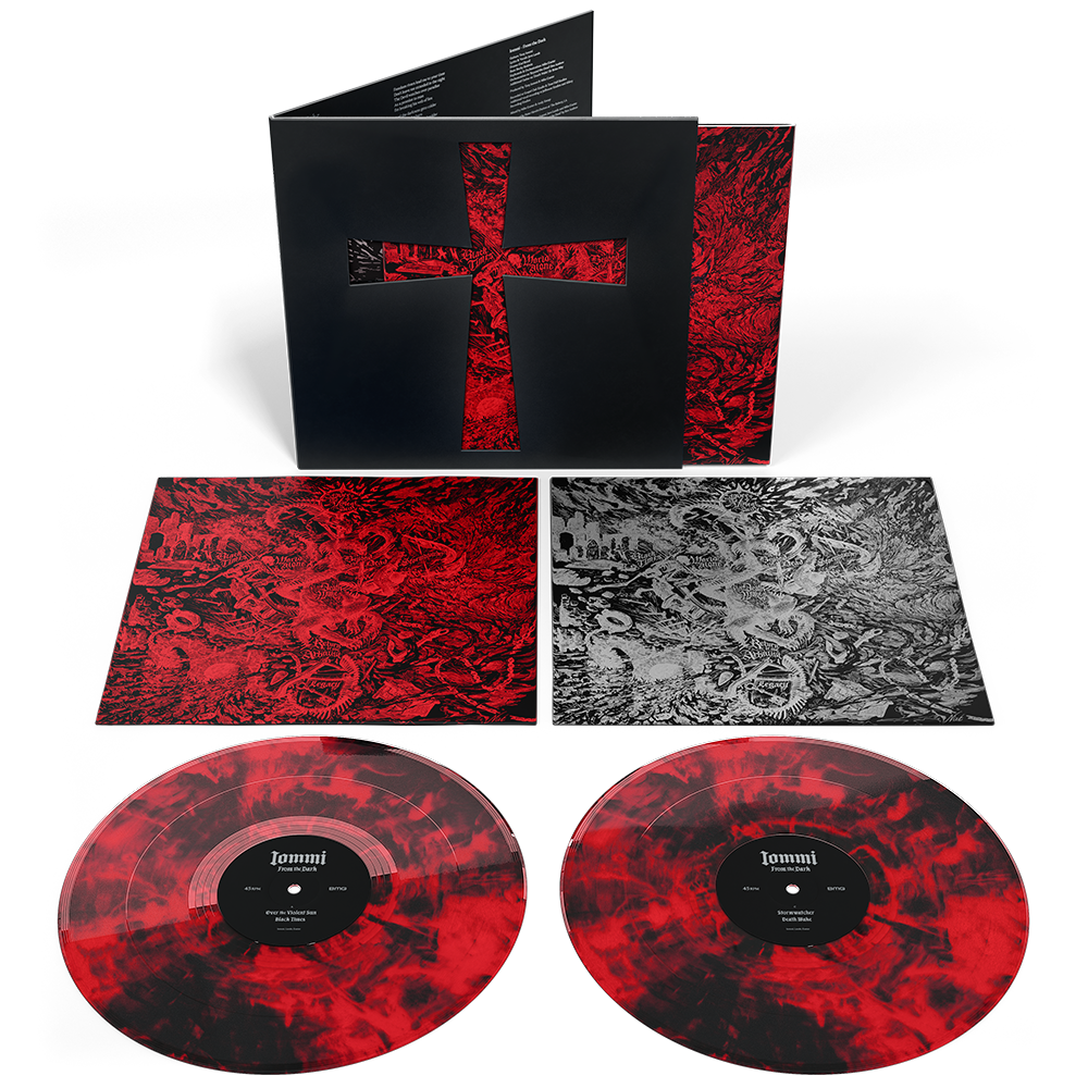 A vinyl record package shown on a white background, including a black outer sleeve with a red cross cutout, a red patterned inner sleeve, a black-and-white printed insert, and two red marbled vinyl records with black center labels.
