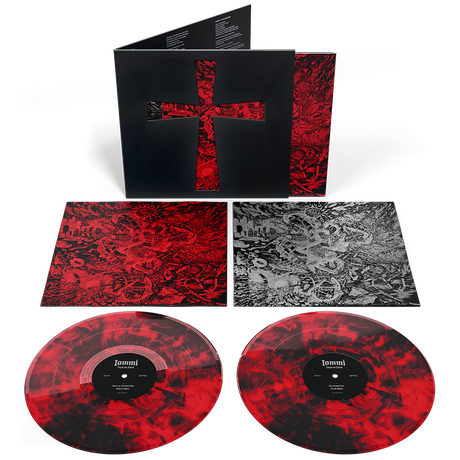 A vinyl record package shown on a white background, including a black outer sleeve with a red cross cutout, a red patterned inner sleeve, a black-and-white printed insert, and two red marbled vinyl records with black center labels.