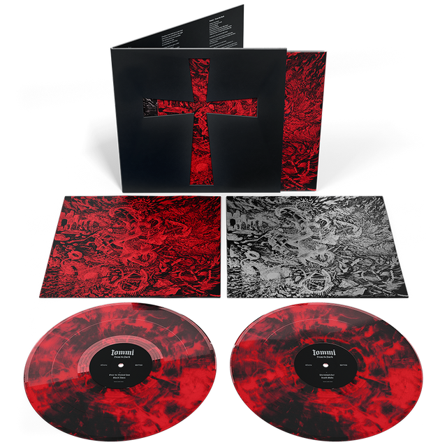A vinyl record package shown on a white background, including a black outer sleeve with a red cross cutout, a red patterned inner sleeve, a black-and-white printed insert, and two red marbled vinyl records with black center labels.