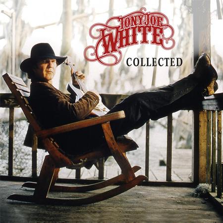 Album cover for Tony Joe White's 'Collected', featuring the artist sitting in a wooden rocking chair on a porch with his legs stretched out, holding a guitar. The title 'Tony Joe White Collected' is displayed in stylized red and black text at the top.