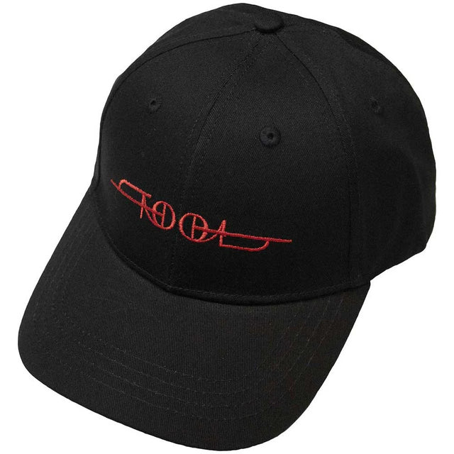 Black baseball cap with red embroidered Tool logo.