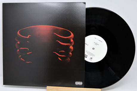 A vinyl record partially pulled from its sleeve, showing the black LP disc and the album cover with a red abstract graphic on a light gray background.