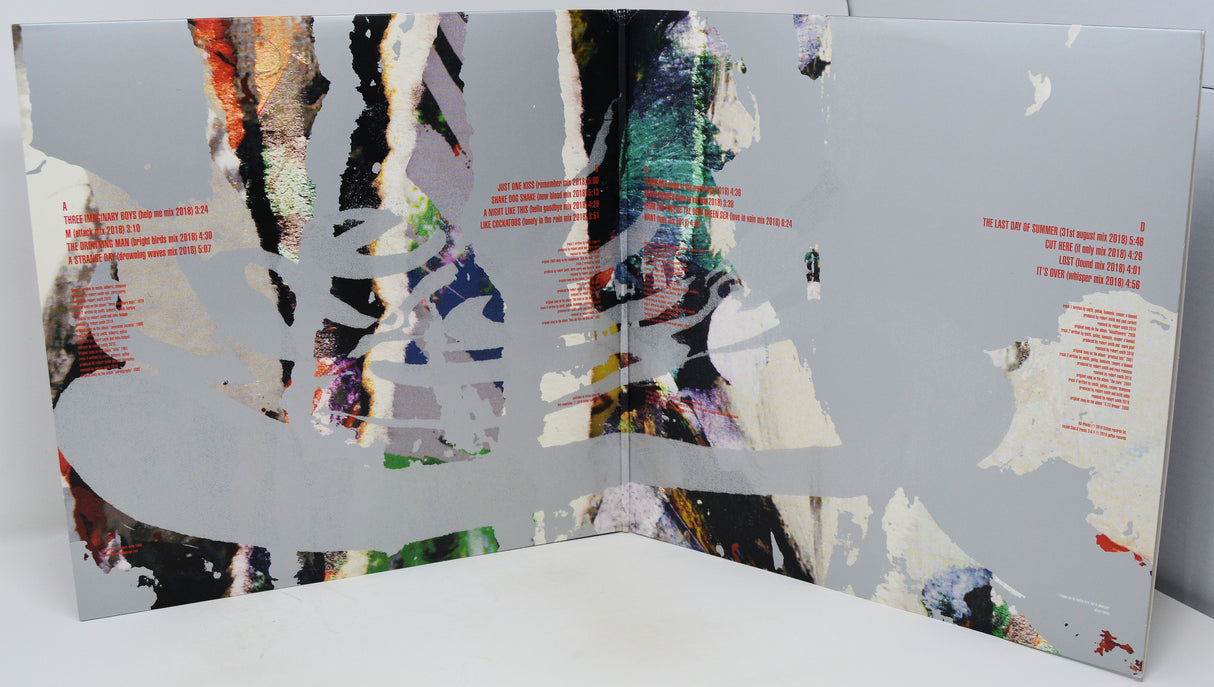 Artistic album cover with abstract design and text on a white background