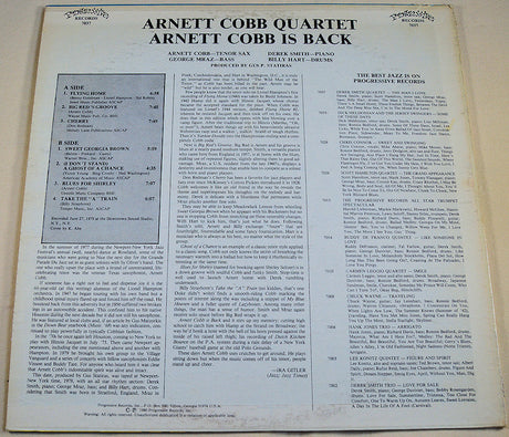 Back cover of 'Arnett Cobb Is Back' LP with track listing and liner notes