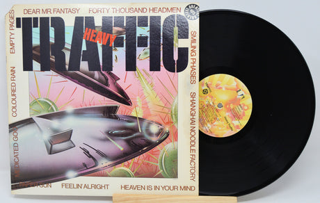 Vinyl record with colorful cover featuring text and graphics on a white background