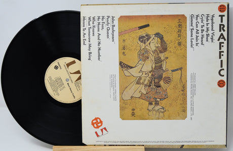Vinyl record with its cover featuring a samurai design on a white background