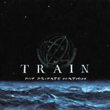 Close-up of Train My Private Nation album cover with globe design and blue waves