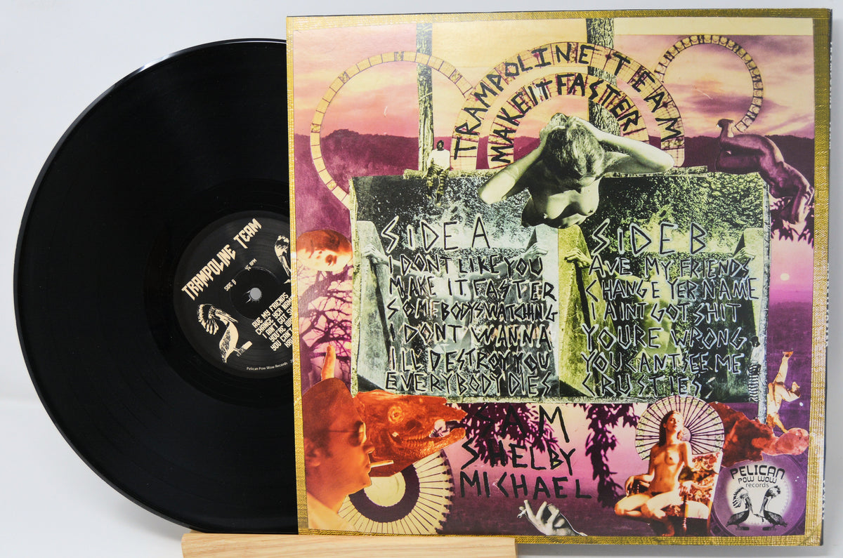 Shelby Michael's 'Trampoline to Tread' vinyl record LP with its illustrated cover jacket displayed next to the black record on a small wooden stand.