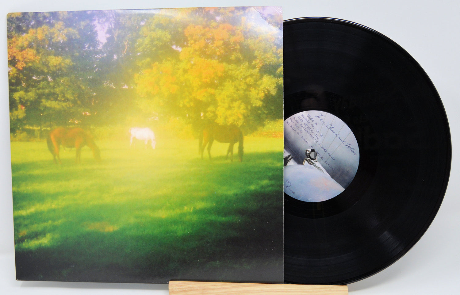 Back cover of 'Trees, Chants and Hollers' vinyl record with serene horses grazing in a sunlit field