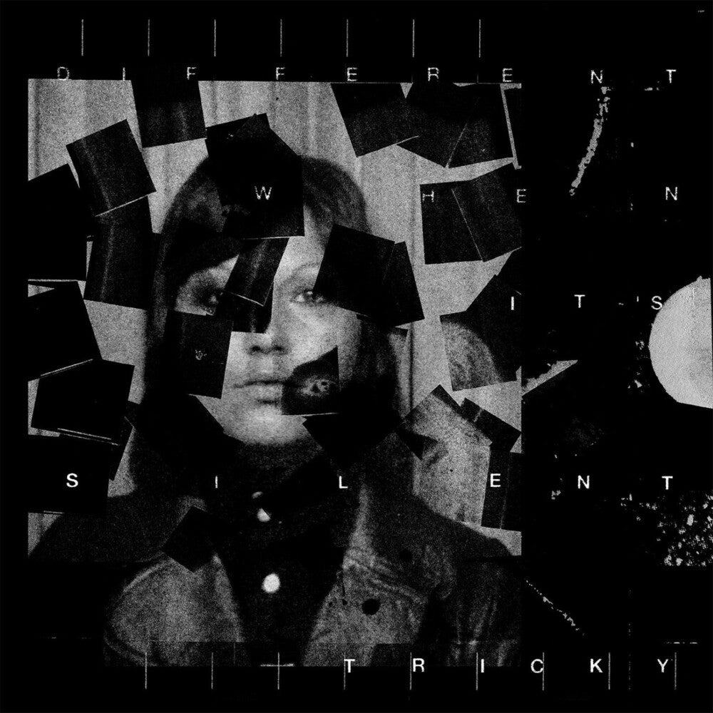 Black and white abstract album cover with fragmented text and a person's face.