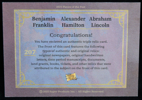 2025 Pieces of the Past triple relic card certificate for Franklin, Hamilton, and Lincoln