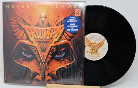 Vinyl record with cover featuring a stylized face design and 'Never Surrender' text.