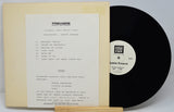 Vinyl record with a sleeve featuring text and a label on a white background