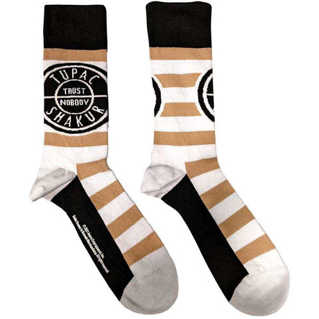 Pair of socks with striped pattern and Tupac Shakur logo on a white background