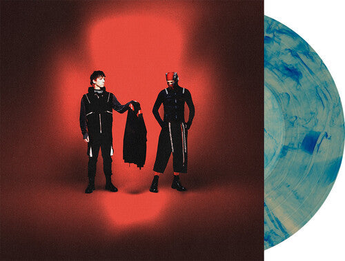 Scaled and Icy blue marble vinyl record with cover art featuring two band members against a fiery red background