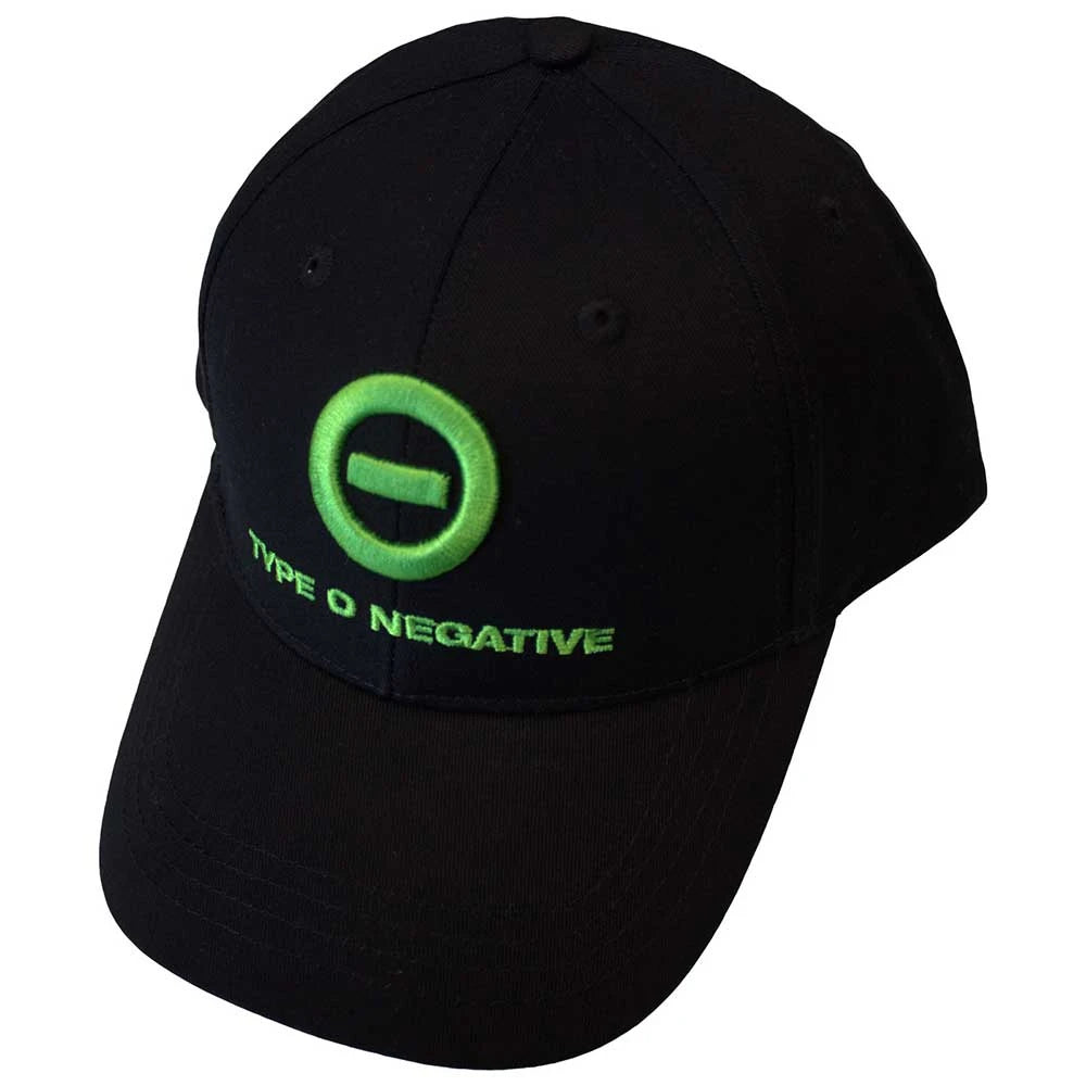 Black baseball cap with green embroidery showing the words 'Type O Negataive' with logo above them.