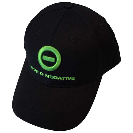 Black baseball cap with green embroidery showing the words 'Type O Negataive' with logo above them.