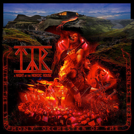 Album cover for 'A Night at the Nordic House' by Týr featuring a band performing on stage with a mountainous landscape in the background.