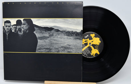 Vinyl record with black and white cover featuring a group of people and a mountainous landscape.