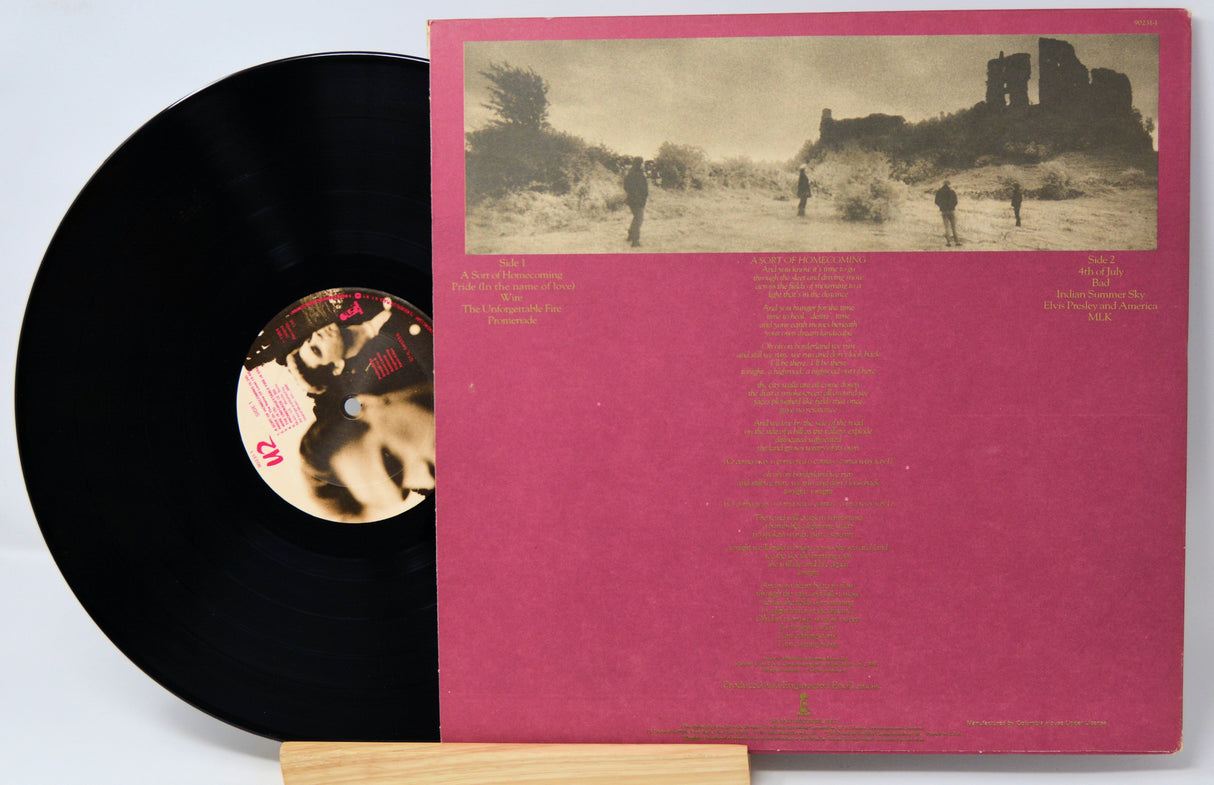 Vinyl record with pink cover featuring a landscape and text