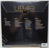 The back cover of a UB40 'Collected' vinyl record package, featuring the album title in large gold letters, track listings for Side 1 through Side 4, and a central circular 'Collector's Edition of CD 1-2' badge on a black background.