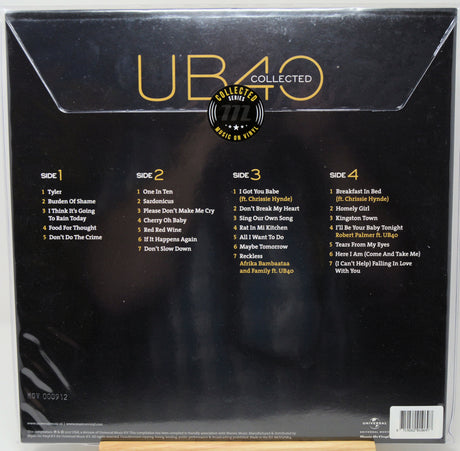 The back cover of a UB40 'Collected' vinyl record package, featuring the album title in large gold letters, track listings for Side 1 through Side 4, and a central circular 'Collector's Edition of CD 1-2' badge on a black background.